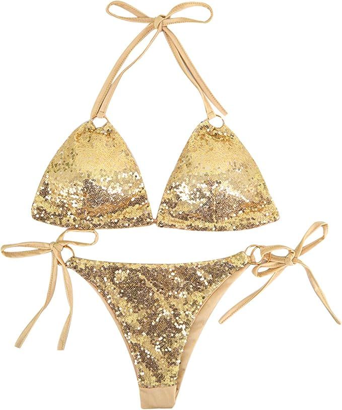 Goclothod Women Triangle Bikini Set 2 Pieces Shiny Sequin Sexy String Beachwear Cross High Neck H... | Amazon (US)