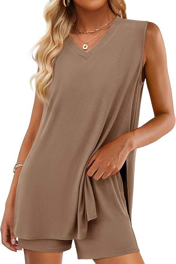 PRETTYGARDEN Women's 2026 Summer 2 Piece Shorts Sets V Neck Long Tank Tops High Waisted Loose Fit... | Amazon (US)