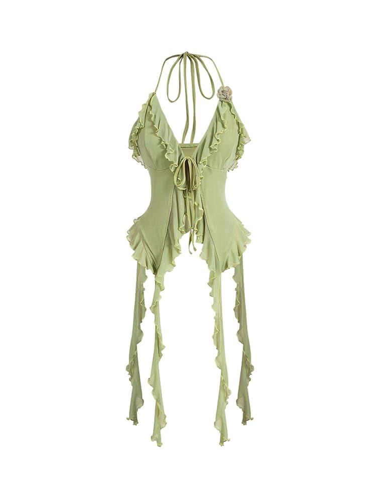 WDIRARA Women's 3D Flower Tie Front Ruffle Trim Halter Top Tie Backless Camisole | Amazon (US)