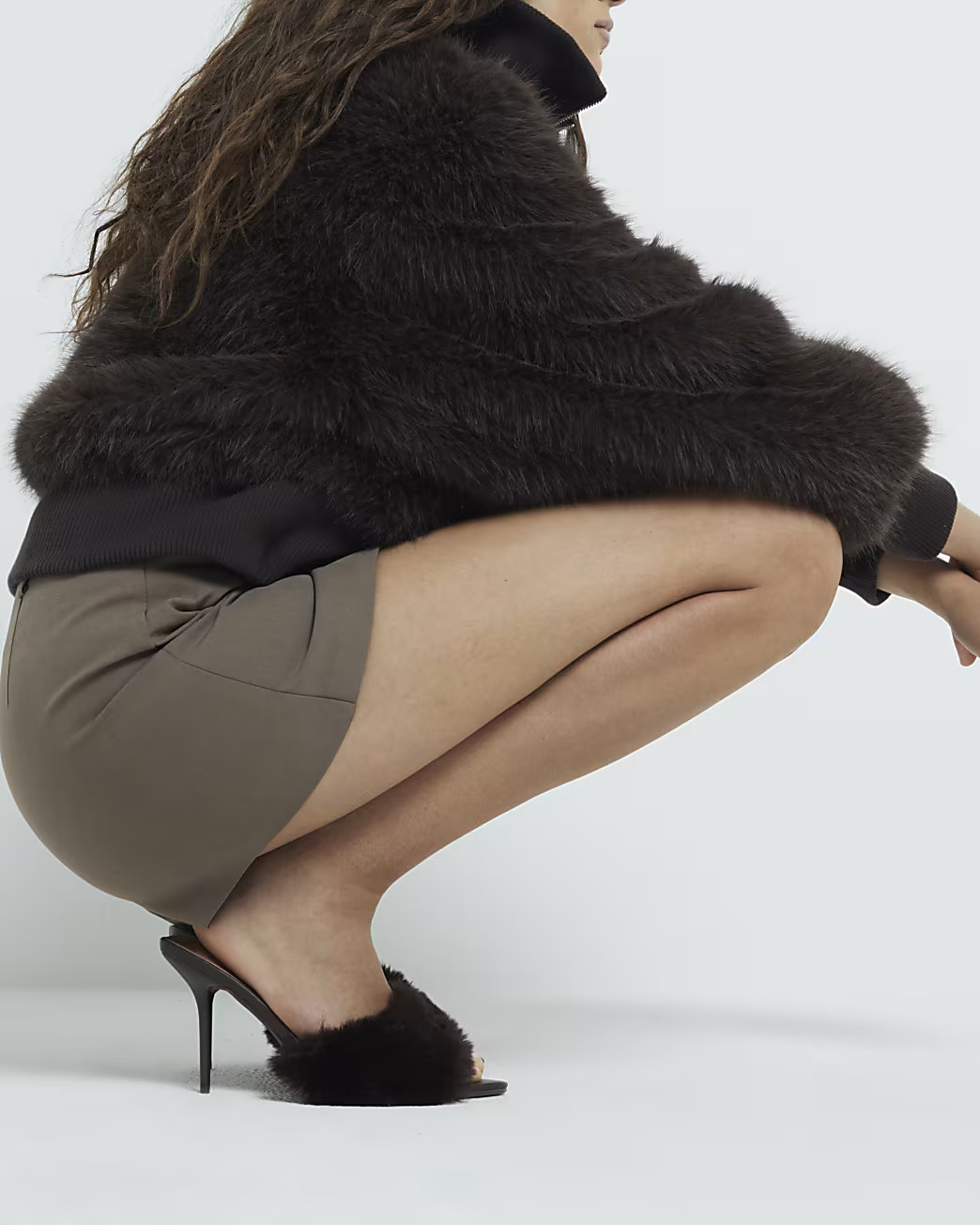 Brown Faux Fur Heeled Mules | River Island UK & IE