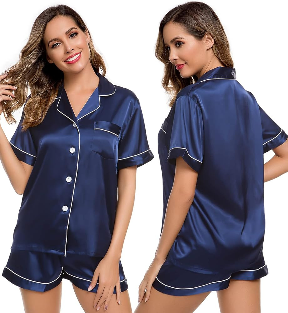 LecGee Womens Silk Satin Pajamas Short Sleeve Loungewear Two-Piece Sleepwear Button-Down Pj Set | Amazon (US)