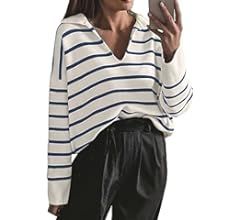 CFLONGE Women's Casual Striped Long Sleeve Polo V Neck Pullover Sweater Loose Fit Drop Shoulder K... | Amazon (US)