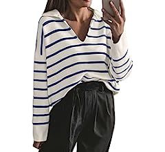 CFLONGE Women's Casual Striped Long Sleeve Polo V Neck Pullover Sweater Loose Fit Drop Shoulder K... | Amazon (US)