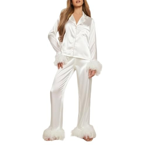 Aluhayos Women Striped Christmas Pajama Sets Satin Silk Fur Trim 2 Piece Sleepwear Pjs Set Button down Tops Pants Loungewear White | Amazon (US)