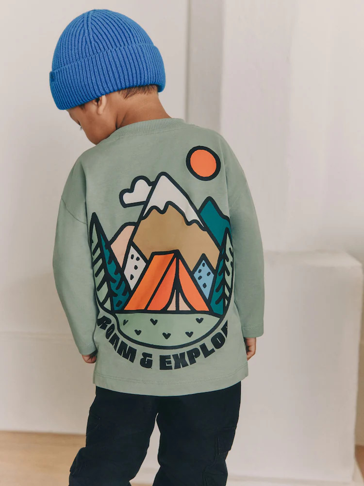 Sage Green Roam and Explore Long Sleeve Back Graphic T-Shirt (3mths-10yrs) | Next US
