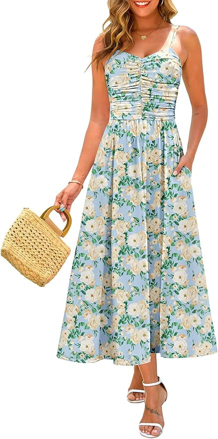 Annebouti Women 2026 Summer Spring Ruched Maxi Dress Adjustable Spaghetti Strap Floral Beach Long... | Amazon (US)