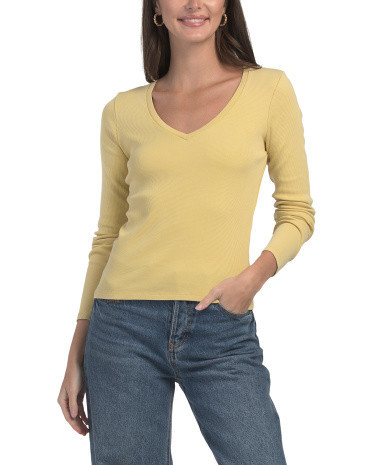 Cotton Blend Sandwash Long Sleeve V-Neck T-Shirt For Women, Spandex/Cotton | TJ Maxx