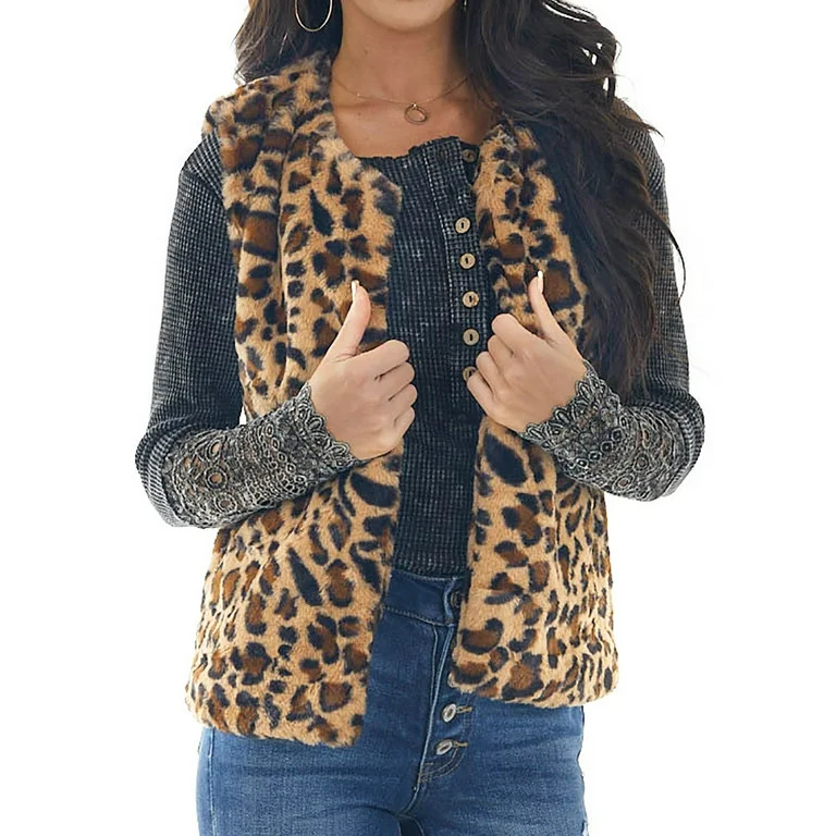 Leopard Printed Vest for Women Winter Plush Sleeveless Short Coat Casual Crewneck Open Front Card... | Walmart (US)