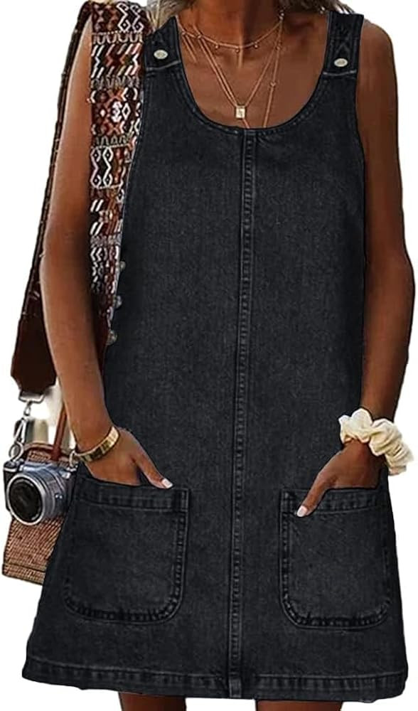 Overall Dress for Women Denim Dress Denim Overall Round Neck Skirtall Jean Dress Denim Jumper Dre... | Amazon (US)