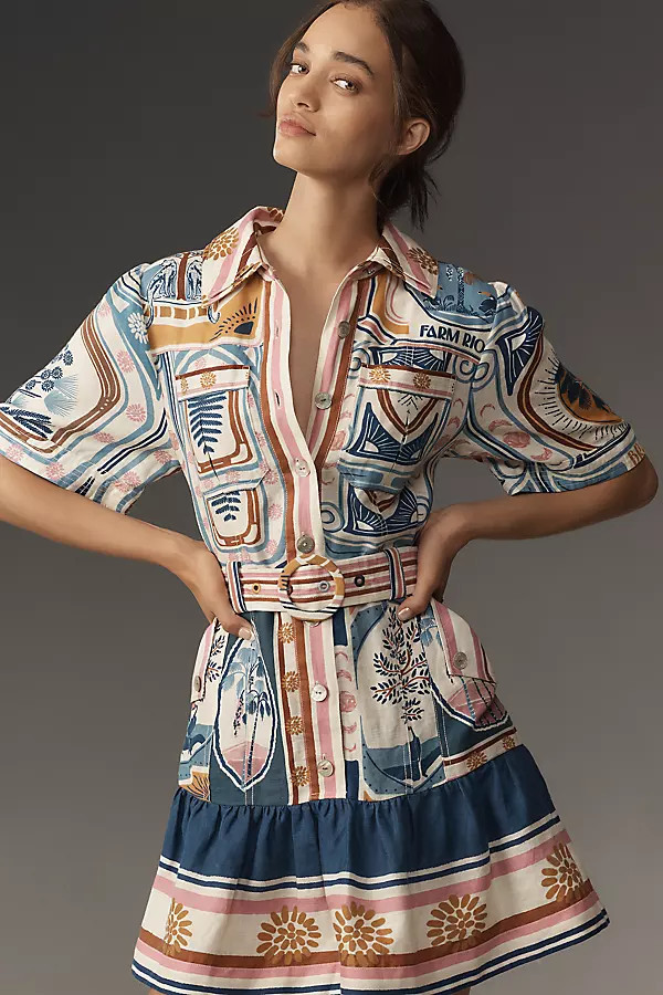 Farm Rio Cerrado Short-Sleeve Belted Linen Mini Dress | Anthropologie (US)