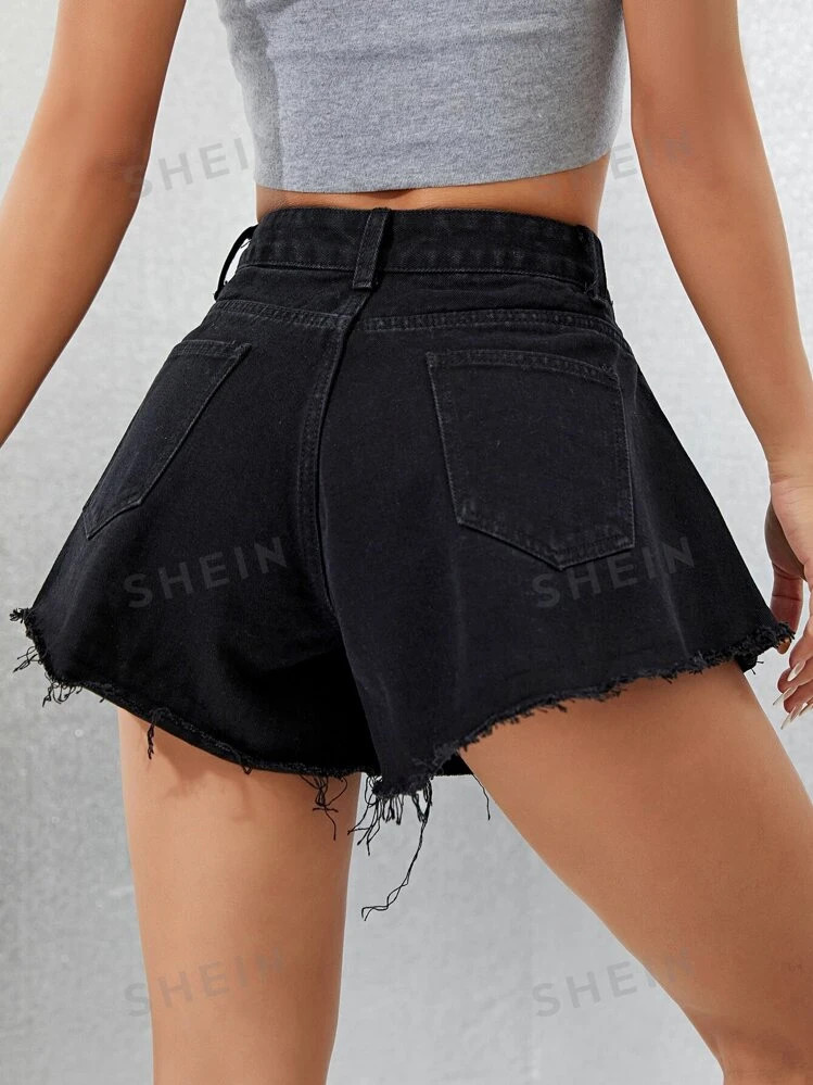 SHEIN EZwear Solid Raw Hem Wide Leg Denim Shorts | SHEIN
