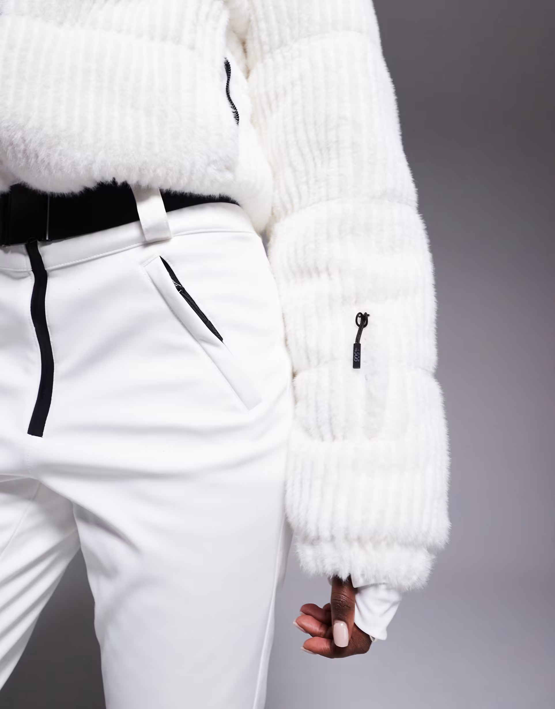 ASOS 4505 Ski soft shell and faux fur belted slim kick ski suit in white | ASOS (Global)