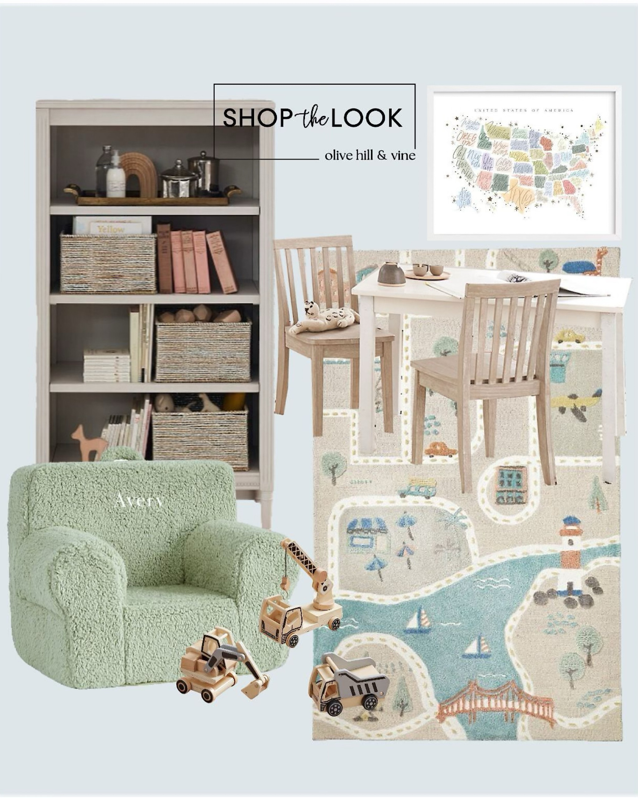 Transform your child's space with our curated playroom! United States lettered wall art fosters learning and creativity. 3D activity town play rug adds sophistication to playtime. Bookcase, baskets of educational toys, table with chairs, and personalized armchair create an enriching environment. Encourage imagination and growth with this stylish setup! 

#LTKfamily #LTKhome #LTKkids