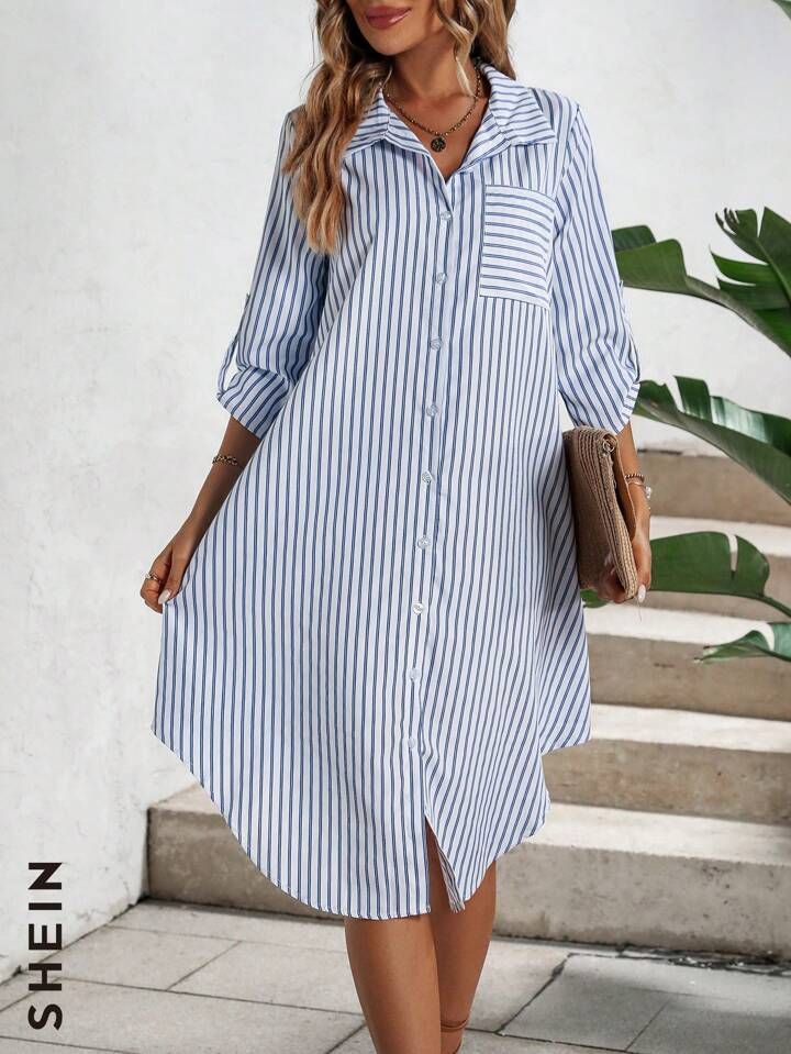 SHEIN VCAY Striped Print Pocket Patched Shirt Dress | SHEIN