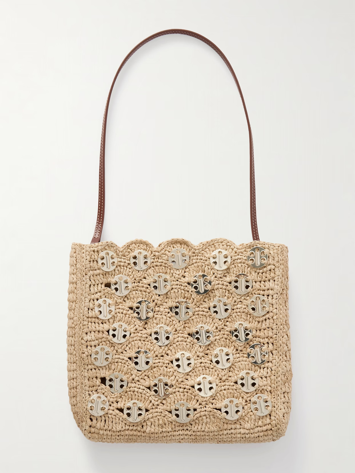 RABANNE - Leather-trimmed Embellished Woven Raffia Shoulder Bag - Neutrals | NET-A-PORTER (US)