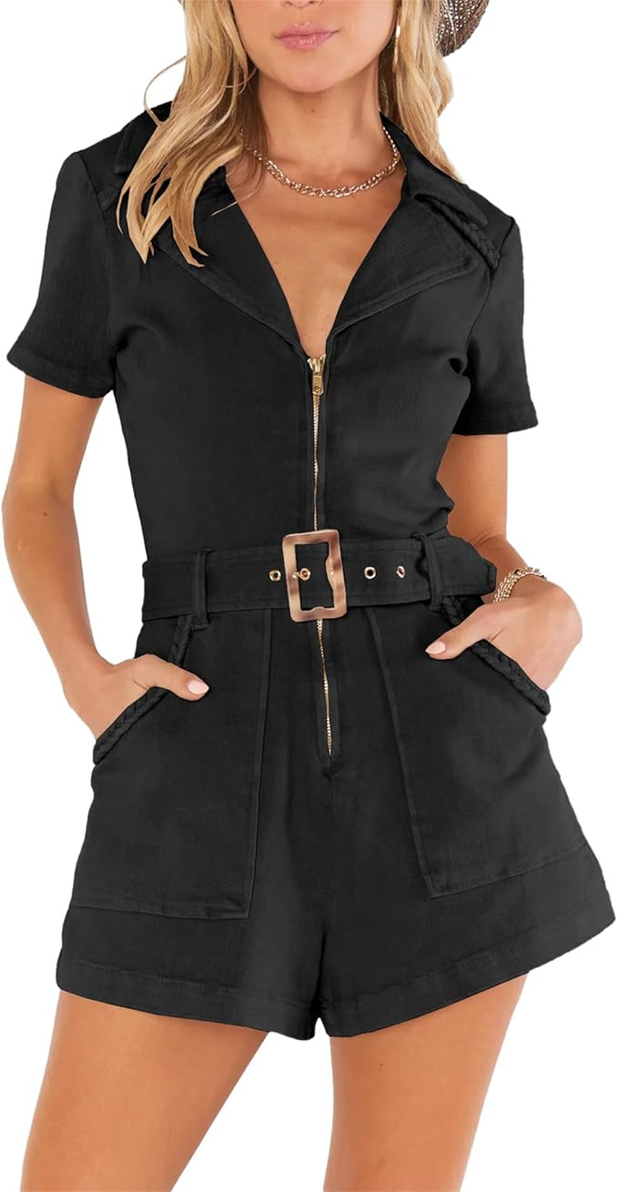 Jeanewpole1 Women's Summer Short Sleeve Rompers Cotton Zip up Belted Short Jumpsuits with Pockets | Amazon (US)
