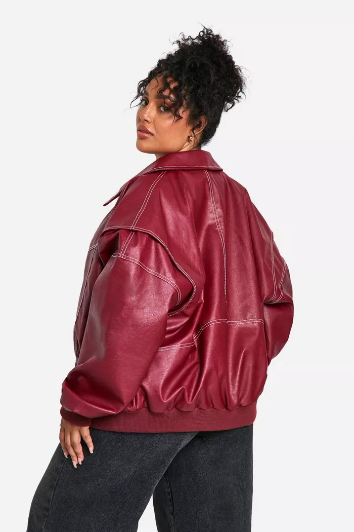 Plus Pu Contrast Stitch Oversized Bomber Jacket | boohoo (US & Canada)