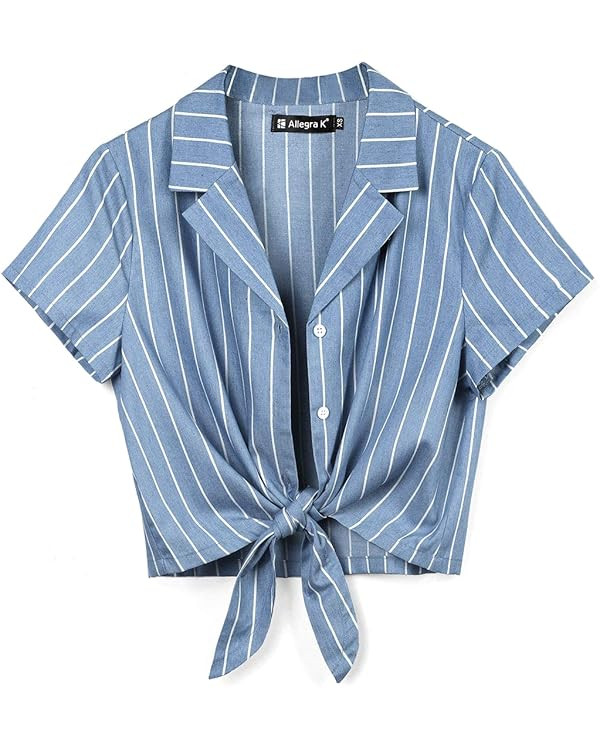 Allegra K Women's Striped Button Up Lapel Collar Top Short Sleeve Tie Front Crop Shirt | Amazon (US)