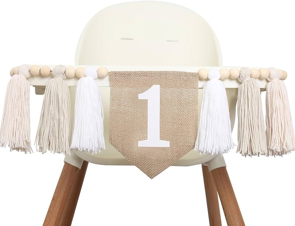 BOOMPA White 1st Birthday High Chair Banner - Wood Bead Tassel Garland - First Birthday Party Tas... | Amazon (US)