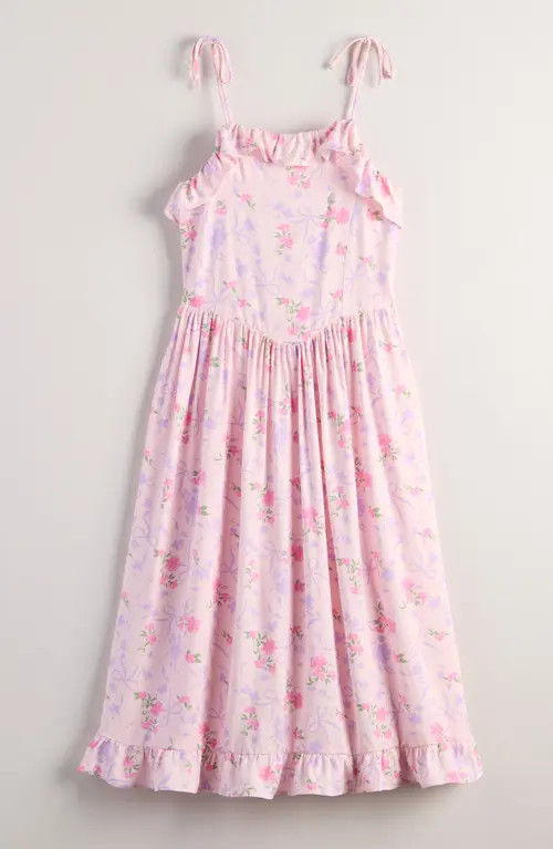 Nordstrom Kids' Floral Ruffle Tie Strap Sundress in Pink Balm Bow Floral at Nordstrom | Nordstrom