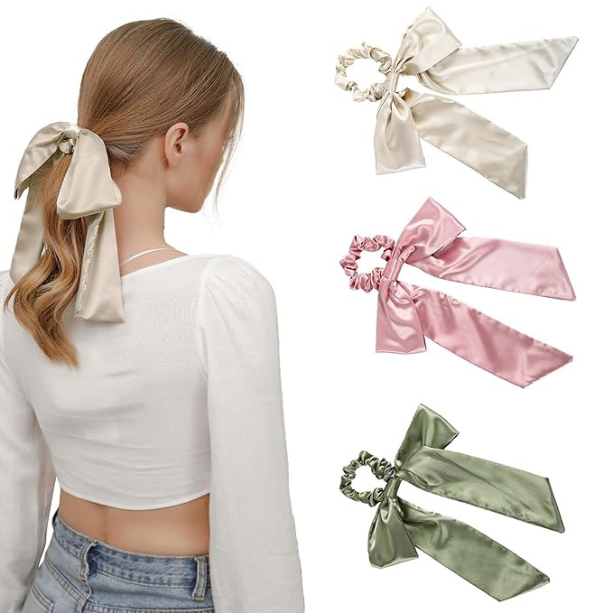 Silk Satin Hair Bow Scrunchies - 3PCS Solid Bow Hair Ties Scrunchy Bowknot Ponytail Holder for ... | Amazon (US)