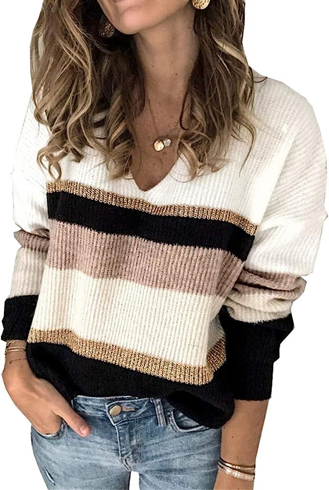 Women’s Fashion Long Sleeve Striped Color Block Knitted Sweater Crew Neck Loose Pullover Jumper... | Amazon (US)