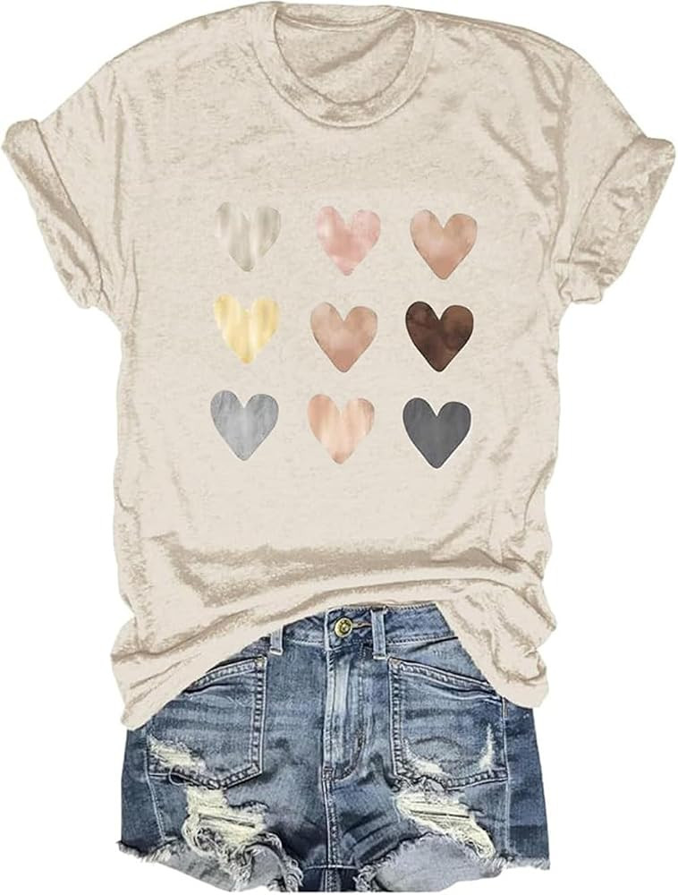 Womens Valentines T-Shirt Print Graphic Tees Cute Love Heart Shirts Casual Short Sleeve | Amazon (US)