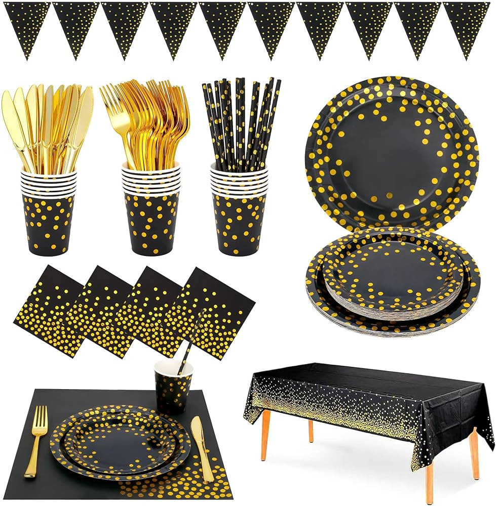 Sylken 186 Pieces Black and Gold Party Tableware Set - 25 Guests Paper Plates, Napkins,Paper Cups... | Amazon (US)
