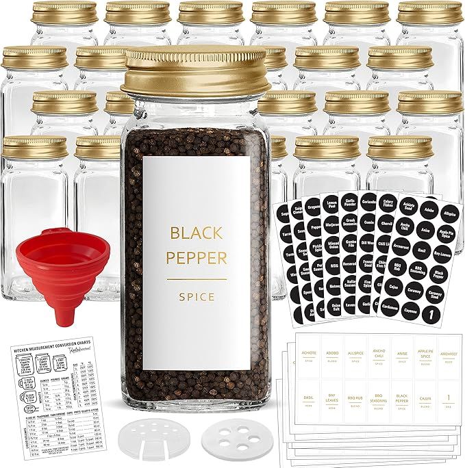 Talented Kitchen 24 Pack Glass Spice Bottles with 284 Preprinted Label Stickers, 4 oz Empty Squar... | Amazon (US)