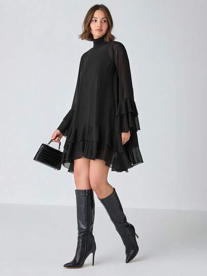 Enchnt Spring/Summer Romantic Women's Elegant And Romantic Black Chiffon Patchwork Long-Sleeved Simple Perspective Dress, Sweet&Elegant Sundress For Birthday&Holiday Party&Wedding Season&Sweet Date &Garden Parties&Vacation | SHEIN