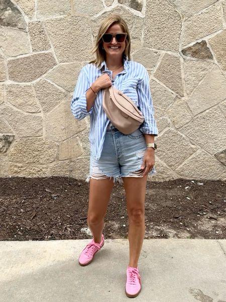Casual summer outfit, pink sneakers, striped blouse, leather belt bag 