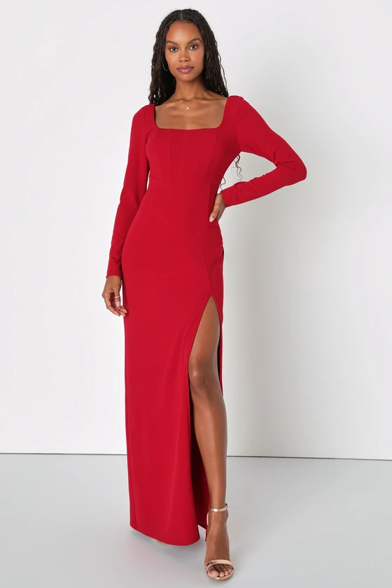 Regal Stunner Red Long Sleeve Corset Maxi Dress | Lulus