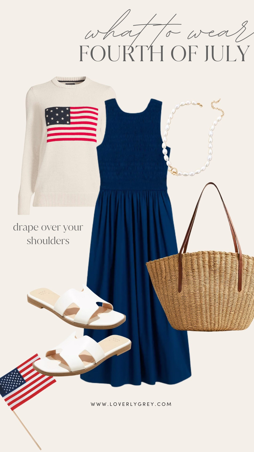 Loverly Grey, Fourth of July outfit idea. A navy dress paired with an American flag sweater to drape over your shoulders. Loverly Grey, Fourth of July, outfit idea

#LTKSeasonal #LTKStyleTip #LTKSummerEdit