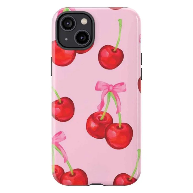 Cherry Pattern Phone Case, Cute Pink Aesthetic iPhone Cover with Red Cherries & Bow Illustration,... | Walmart (US)