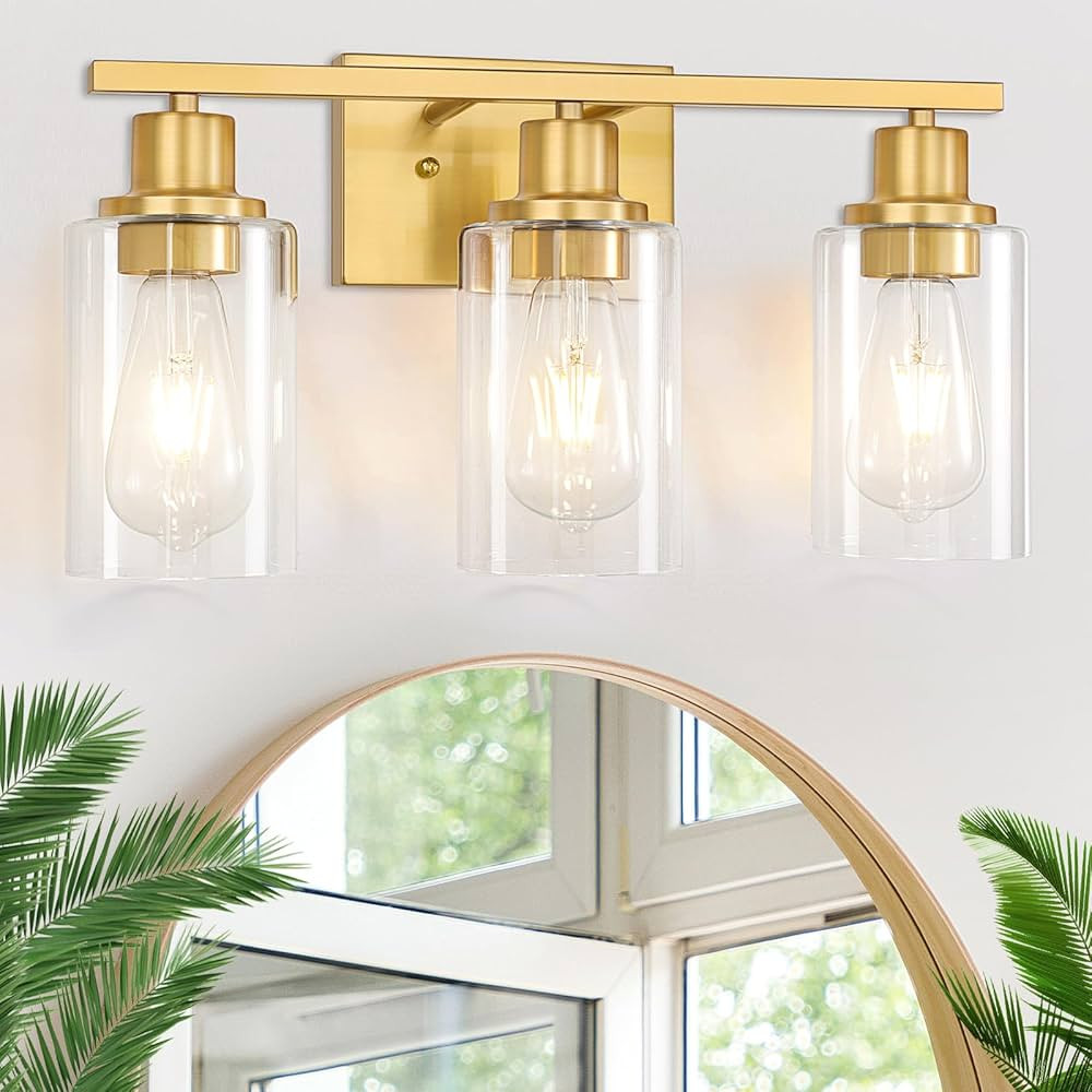 3-Light Brushed Gold Bathroom Light Fixtures, Brushed Brass Vanity Light Fixture Modern Bath Wall... | Amazon (US)