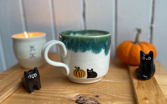 Black Cat With Pumpkin Halloween Ceramic Cup - Etsy | Etsy (US)