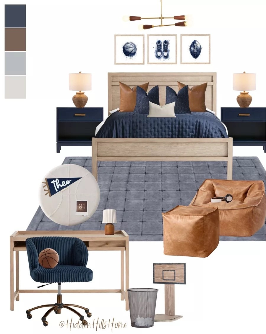 Teen boys bedroom mood board, boys room decor, home decor ideas, masculine boys room, navy blue bedroom, nightstands, desk, teen rug #boysroom

#LTKHome #LTKKids #LTKSaleAlert