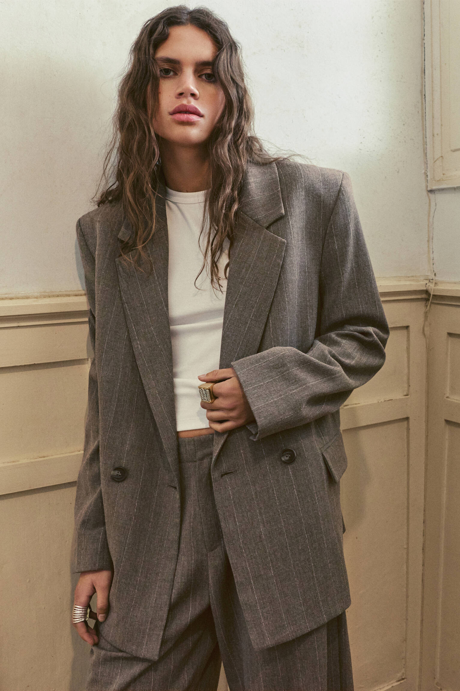 Striped double-breasted blazer - Pull&Bear United Kingdom | PULL and BEAR UK