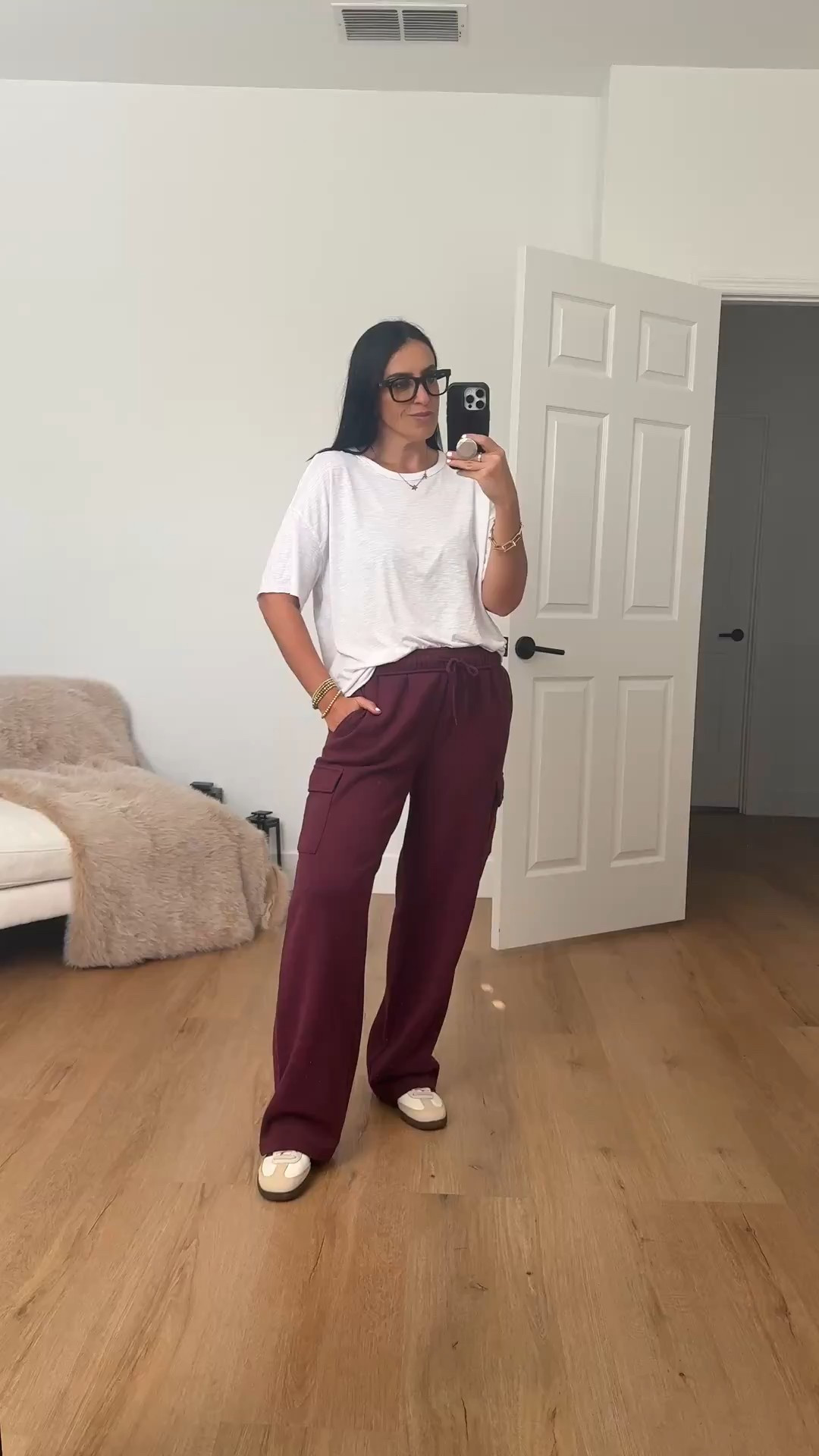 No Boundaries Fleece Cargo Wide-Leg Pants wearing size medium only $12. Time and Tru Women's Cotton Crewneck Tee with Short Sleeves only $4