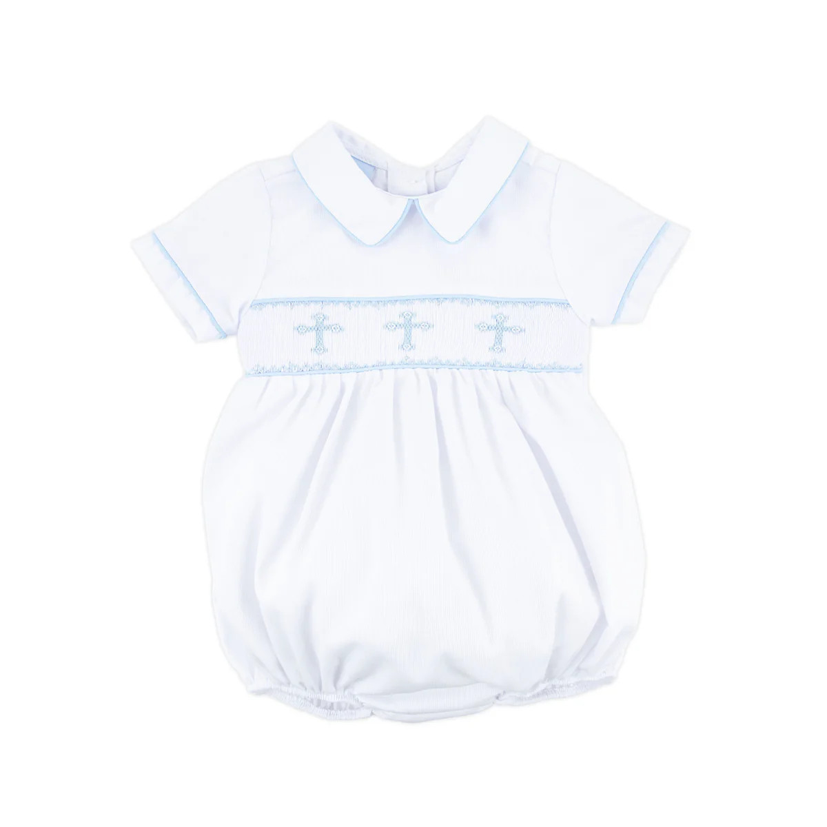 Blue Cross Smocked White Boy Bubble | Classic Whimsy