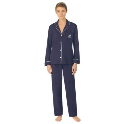 Lauren Ralph Lauren Women's Long Sleeve Notch Collar Long Pang Pajama Pj Set With Piping Details, Navy Blue, Medium | Belk