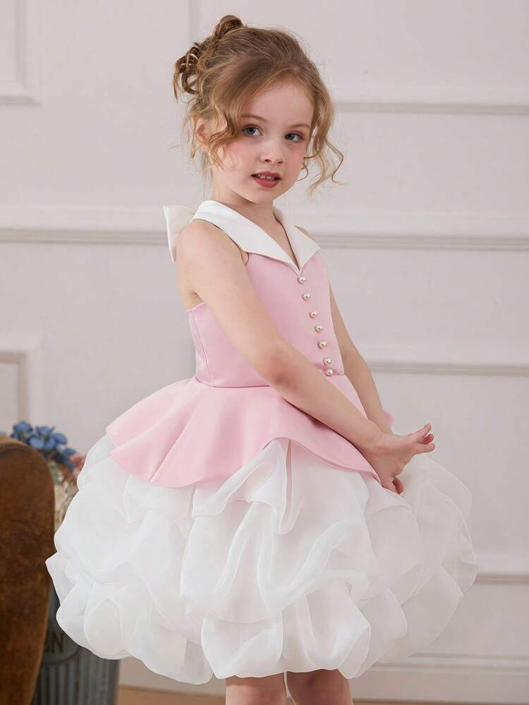 Young Girls' Bow Tulle Mesh Elegant Pink Princess Dress, Cake Skirt, Suitable For Baby's 1st Birt... | SHEIN