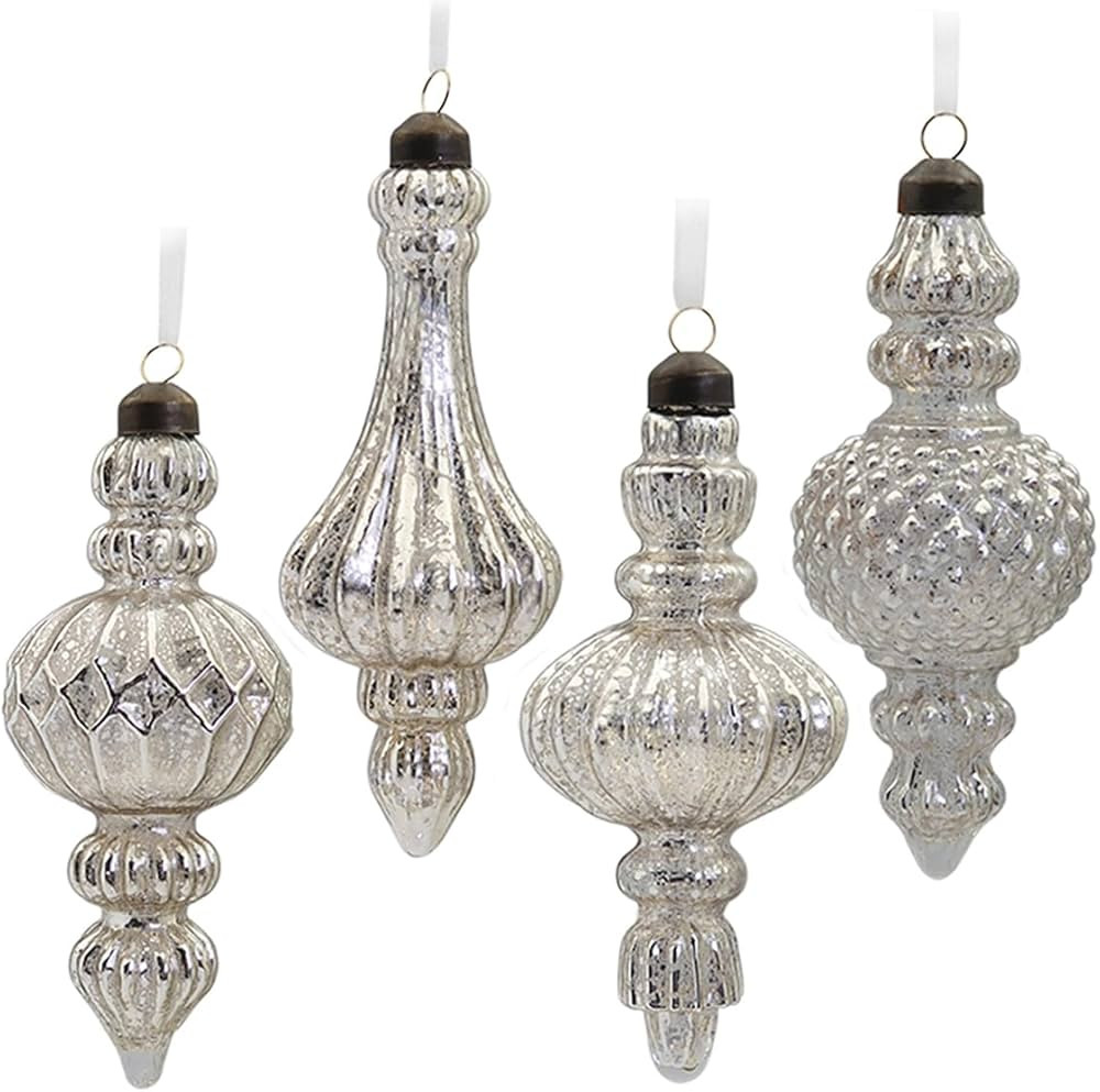 Glass Christmas Ball Ornaments Glass Drop Finial Ornaments Tree Decoration Silver(4 Pieces) | Amazon (US)