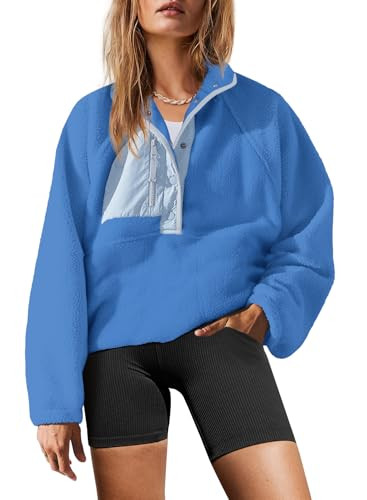 Yanekop Womens Fuzzy Fleece Pullover Sherpa Sweatshirt Long Sleeve Button Down Sweater Winter Fleece Jacket with Pockets(Blue Mixed,M) | Amazon (US)