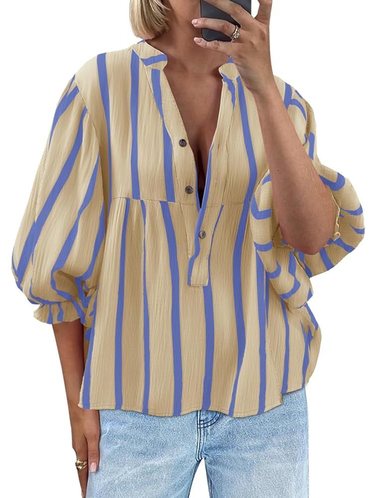 Tankaneo Womens Puff Sleeve Babydoll Tops Summer V Neck Striped Blouse Cute Casual Loose Fit Flow... | Amazon (US)