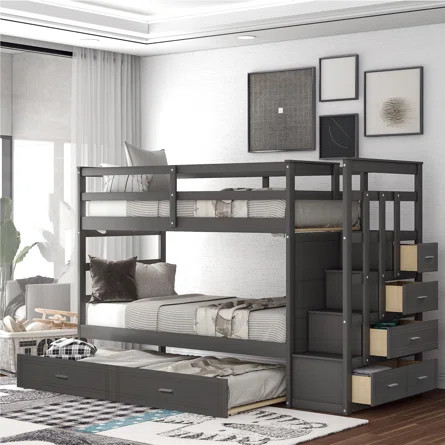 Harriet Bee Solid Wood Twin Over Twin Bunk Bed With Trundle And Staircase, Gray | Wayfair | Wayfair North America
