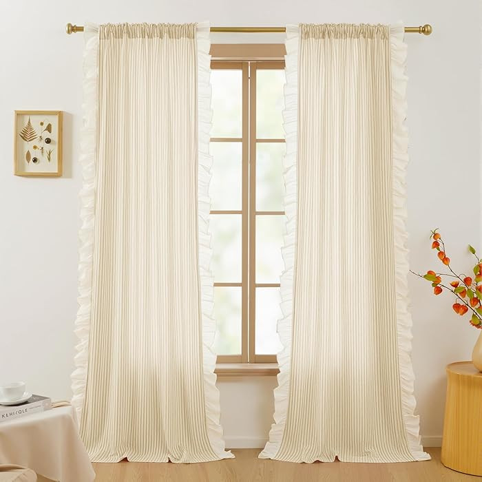 RYB HOME Ruffle Curtains Linen Striped Light Filtering Semi-Sheer 84 inches Long, Vertical Boho F... | Amazon (US)
