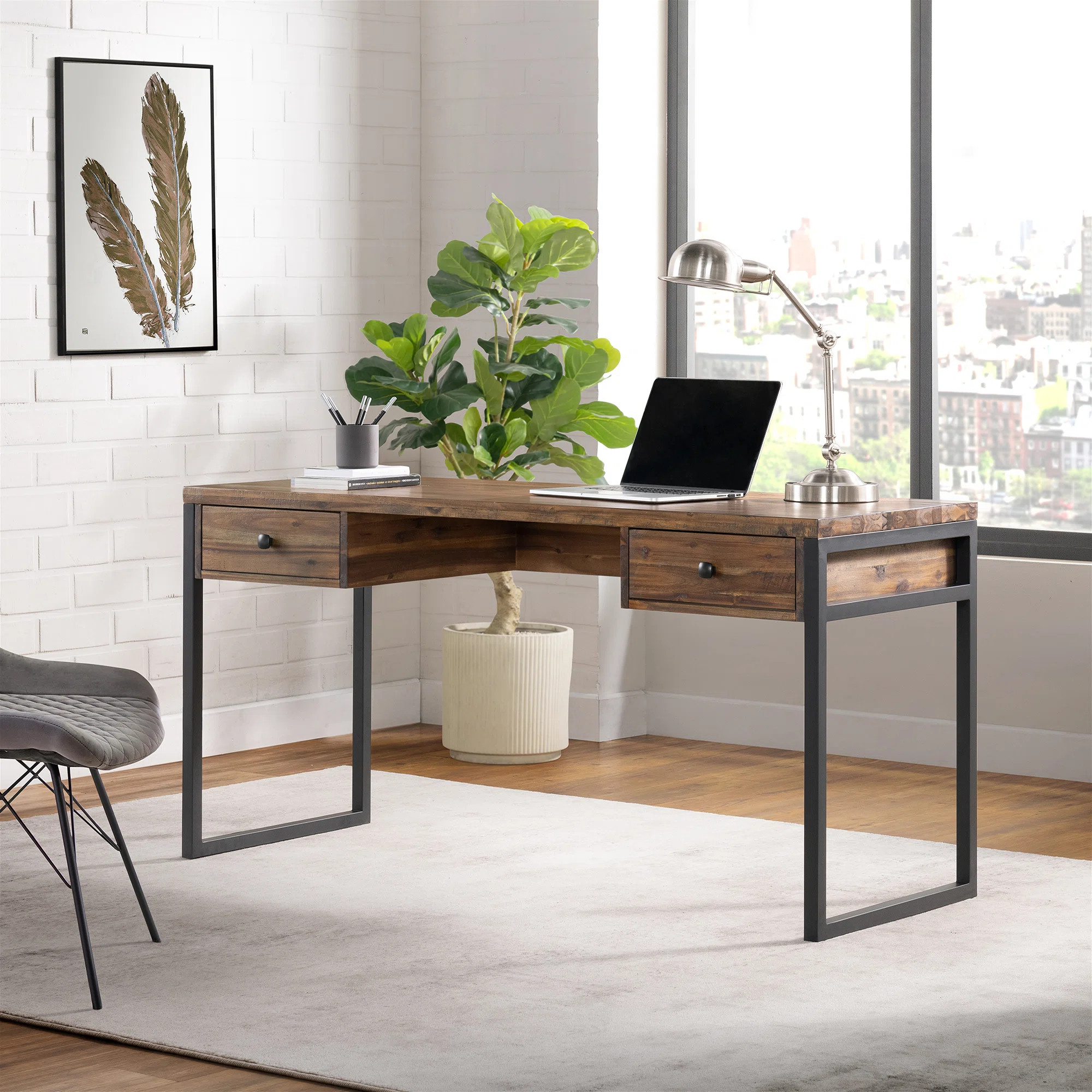 Sturminster Rustic Industrial Solid Wood Metal Frame Rectangular Desk With Storage | Wayfair North America