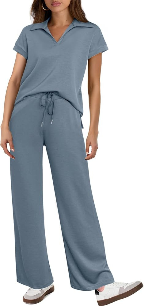 Glamaker Womens 2 Piece Summer Outfit Lounge Set Cap Sleeve Polo Top And Pant Set Tracksuit Trave... | Amazon (US)