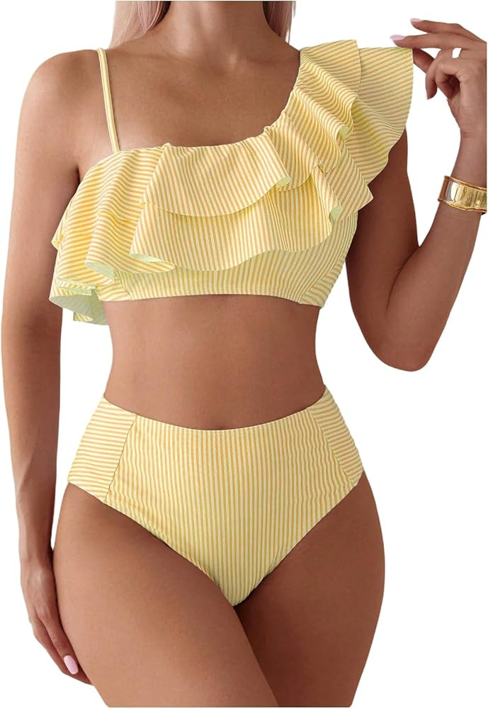 Floerns Women's 2 Piece Striped Bikini Set Ruffle Trim Swimsuit Beach Vacation Bathing Suit | Amazon (US)